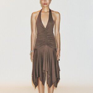 NWT SIZE L ASYMMETRIC HALTER DRESS BROWN 4174/814/700 ZARA